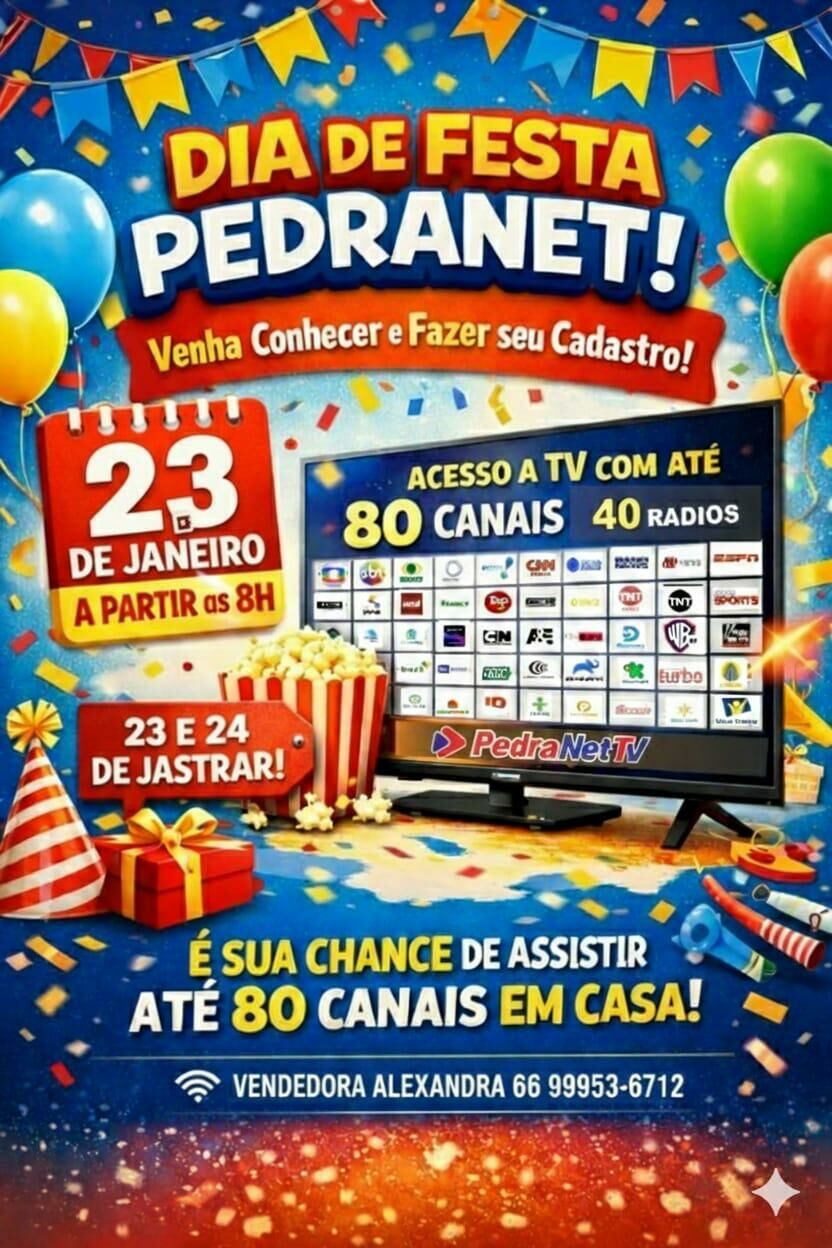 Imagem de compartilhamento para o artigo Planos de internet e 80 canais de TV grátis: Conheça a PedraNet durante a ação de vendas realizada nesta sexta e sábado da MS Todo dia
